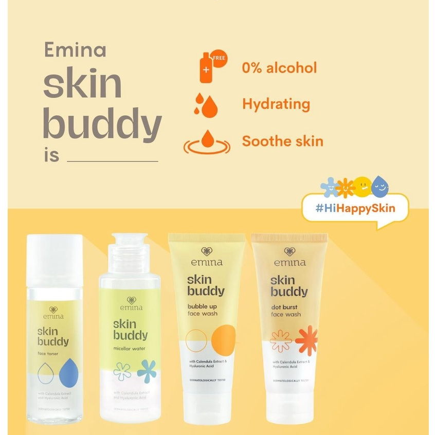 Emina Skin Buddy Series Face Wash Toner Micellar Water / Perawatan Wajah Kering Calendula Extract Hyaluronic Acid 50ML 100ML