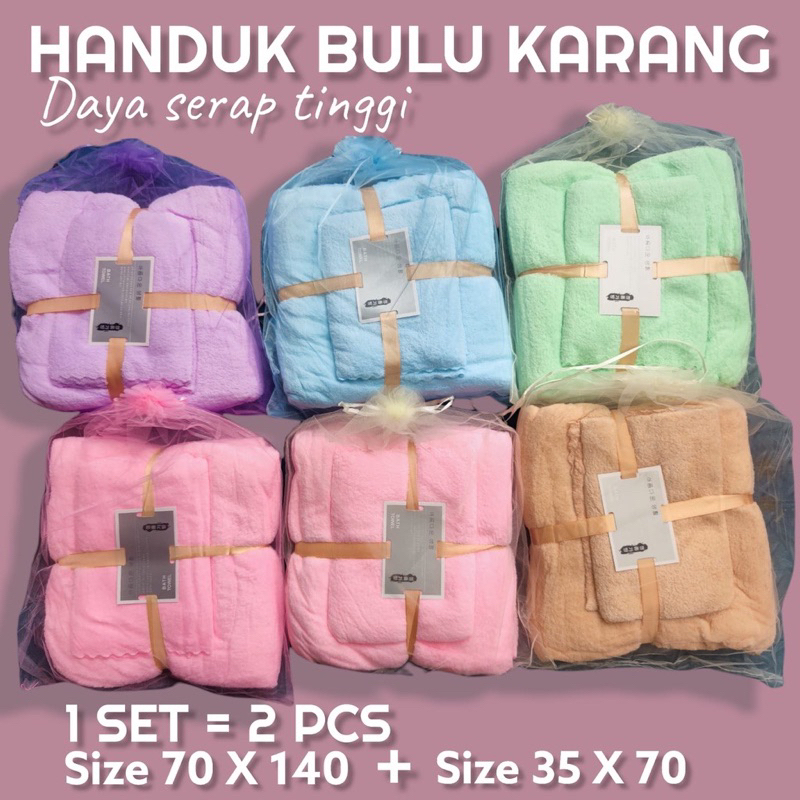 HANDUK BULU SET 2IN1 COTTON KARANG TOWEL MURAH / HANDUK DEWASA MICROFIBER  WAJAH MUKA HALUS LEMBUT BESAR KECIL