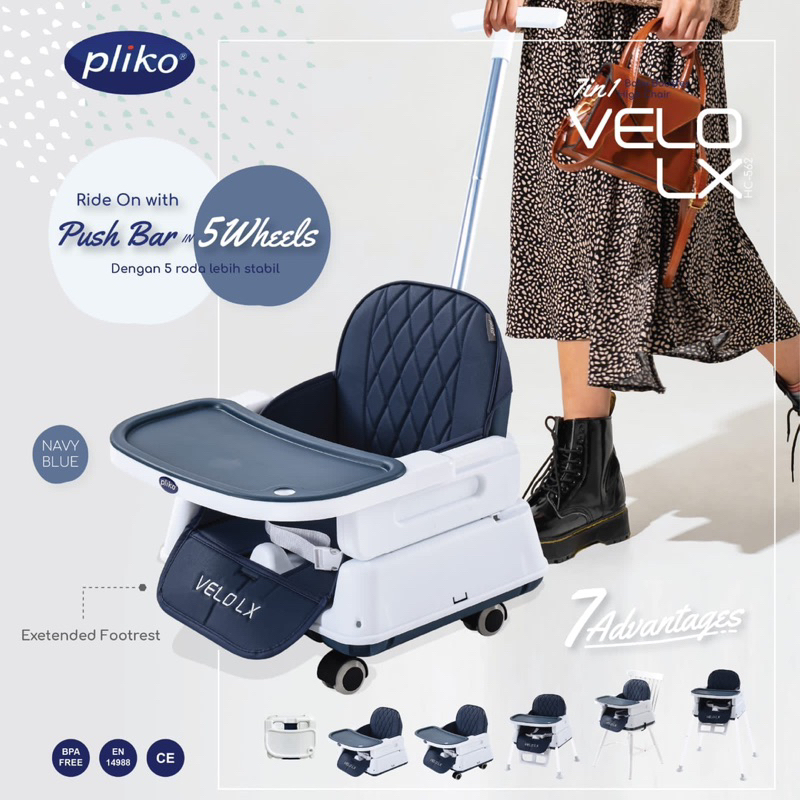 Makassar - High Chair Pliko HC562 Velo LX 7in1 Kursi Makan Bayi Balita Booster Seat dengan Roda