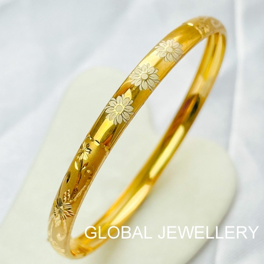 GELANG BANGKOK BAGEL DEWASA UKIR BUNGA LASER GOLD PERAK ASLI S925 DIAMETER 6 CM GLOBAL JEWELLERY CN064