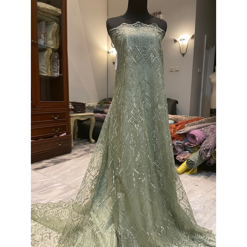 Kain Bahan Kebaya Gaun Pengantin Brokat Brukat Tile Bordir Etnik Madeline Warna Hijau Sage Green