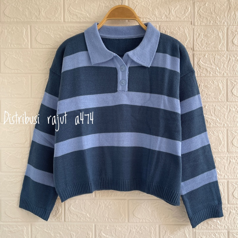 NANDY SWEATER RAJUT CROP MOTIF STIPPE ATASAN LENGAN PANJANG WANIT