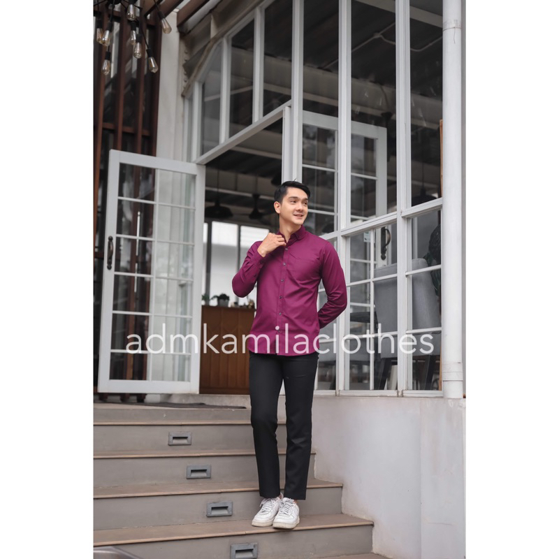 Kemeja pria cowok polos slimfit kasual basic HeM lengan panjang taro