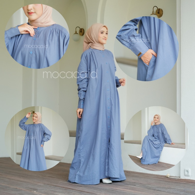 Dress gamis blue denim biru Elegan Ootd Hijabers bahan katun linen rami lengan kancing casual klasik dovey