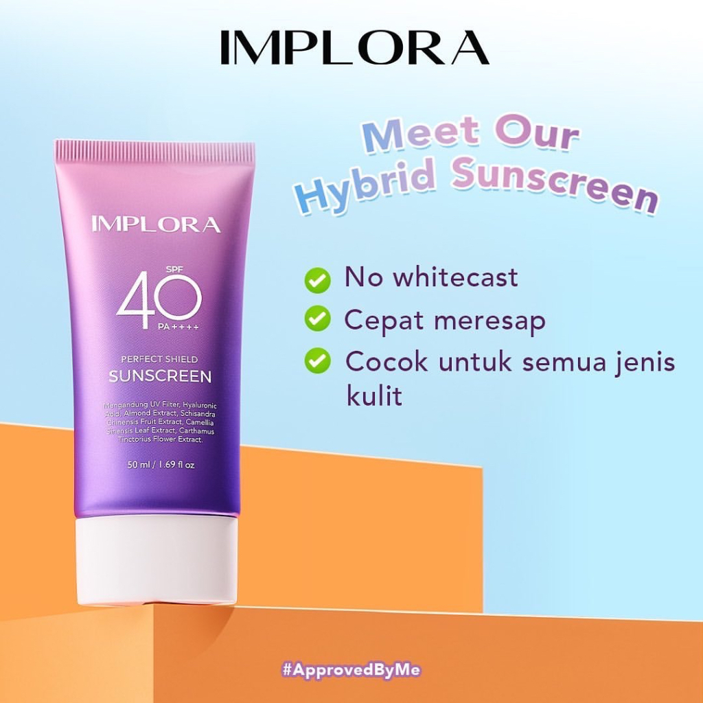 IMPLORA Perfect Shield Sunscreen SPF 40 PA++++ Indonesia / Sunblock Wajah 50ml / Sun Care Tabir Surya / UVA UVB Anti Blue Light Protection Protector Pelindung Sinar Matahari Kulit Wajah Tubuh / Sun Screen Sunblok / Skincare Face Body Care Gel Cream Serum