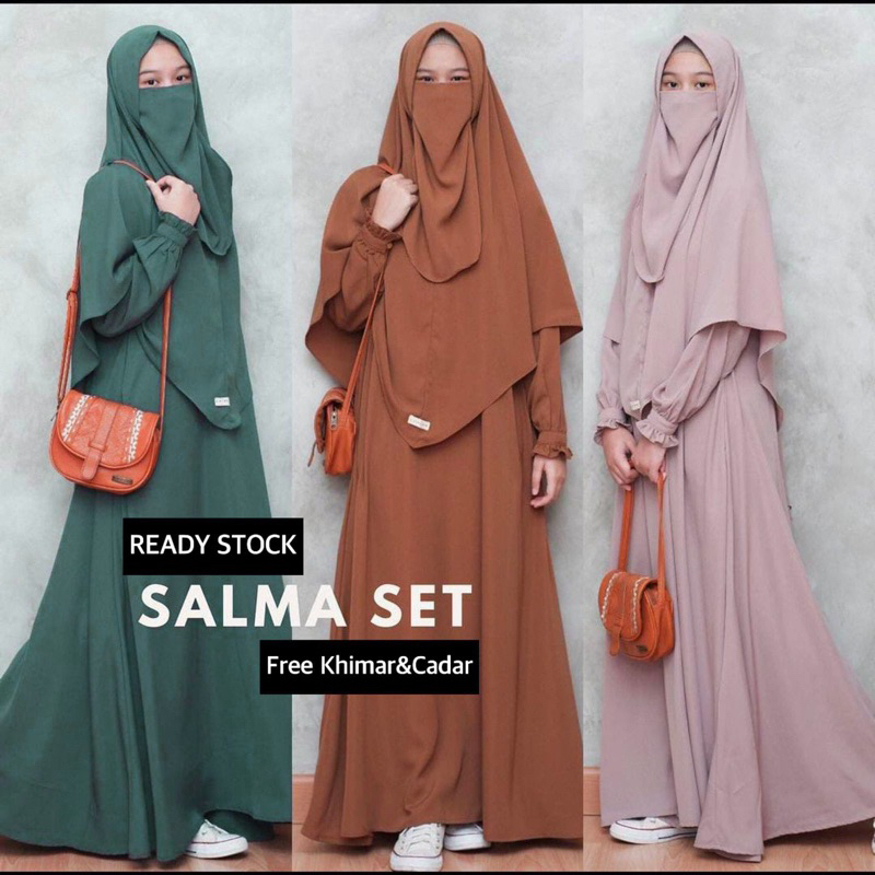 Spesialis Gamis Murah | Salma Set Dress Khimar Niqob &amp; Cadar | Abaya Crincle Airflow | Abaya Murah Syar'i set