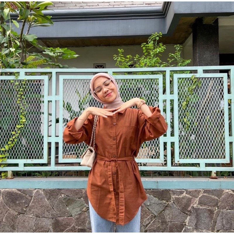 Tamstore Kemeja Wanita Basic Linen Blouse Kemeja Polos Variasi Tali Purry Shirt