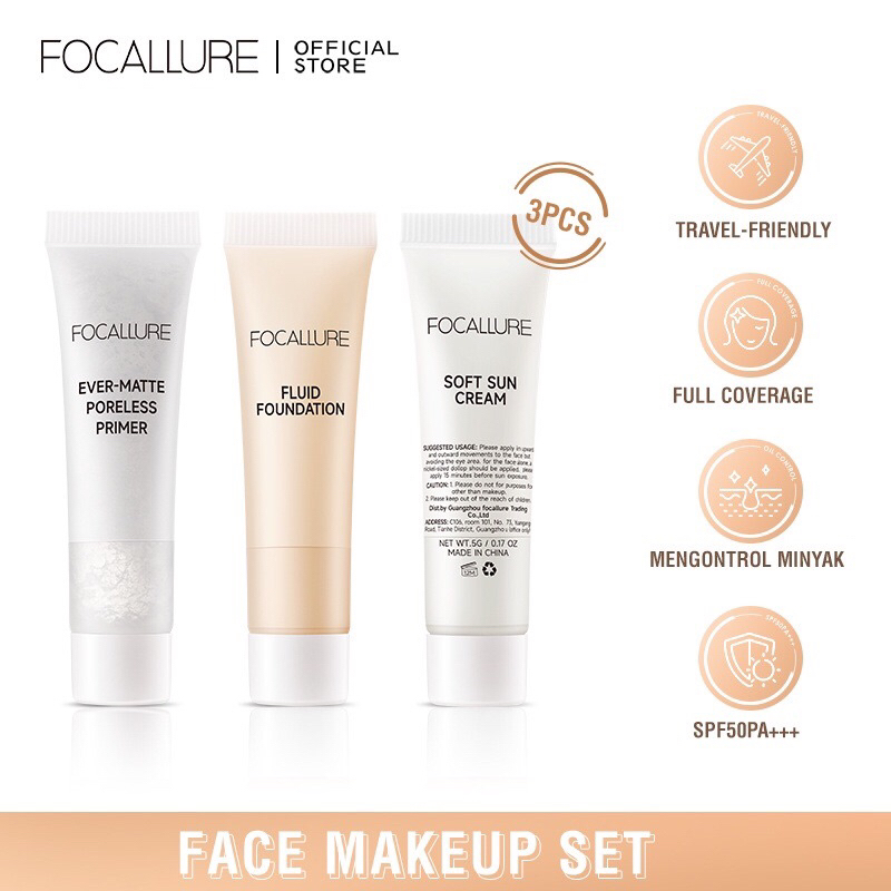 NIK - FOCALLURE 3pcs Face Beauty Set Include Foundation Sunscreen Sun Cream Primer Oil Control Travel Size Flawless Facial Makeup Kit Waterproof FA30 BPOM ORIGINAL