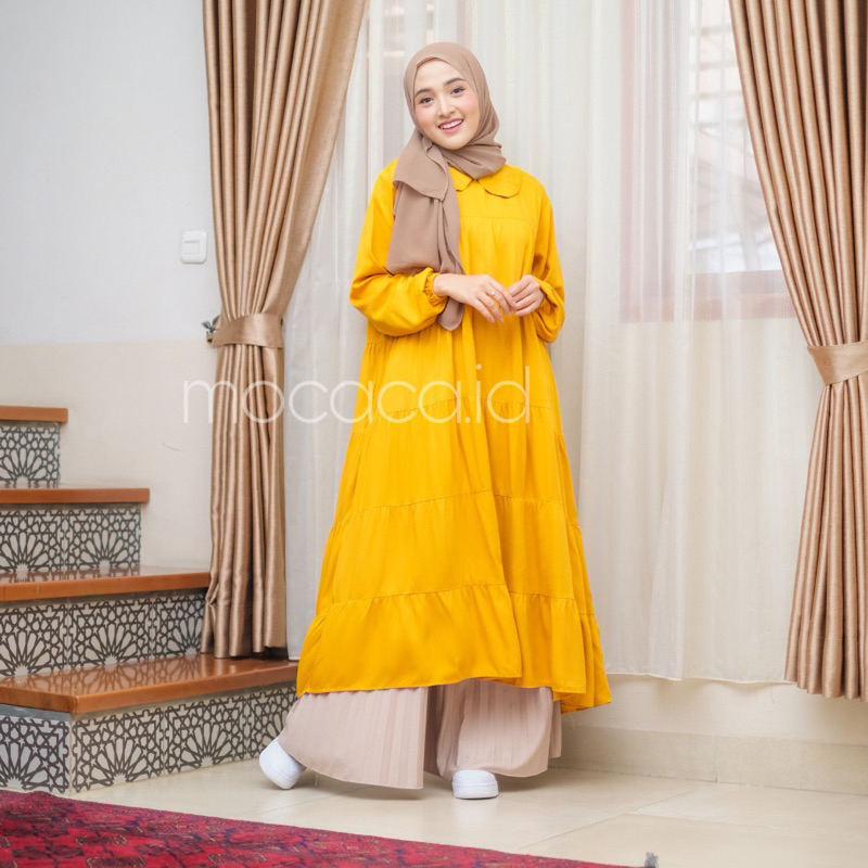 Midi Dress 5 Susun Busui Kerah Collar - kuning mustard kunyit