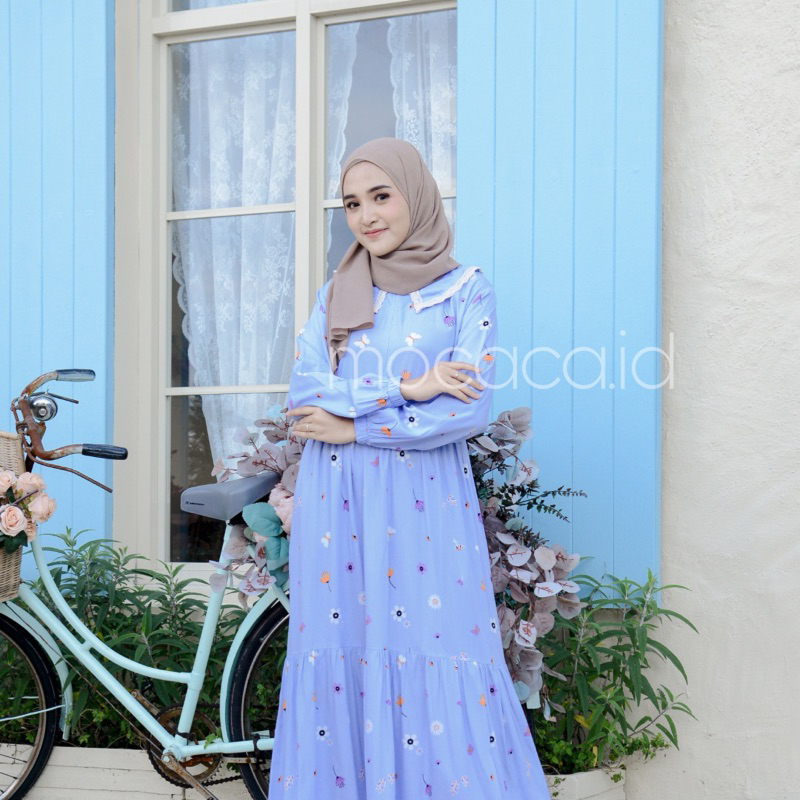 Gamis rumahan renda depan busui rayon premium - motif sky blue flowers