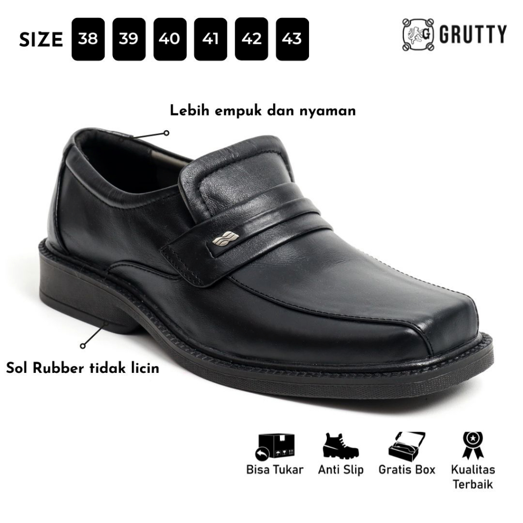 Sepatu Pria Formal Pantofel Kerja Tanpa Tali Kulit Asli Grutty DC011 Hitam