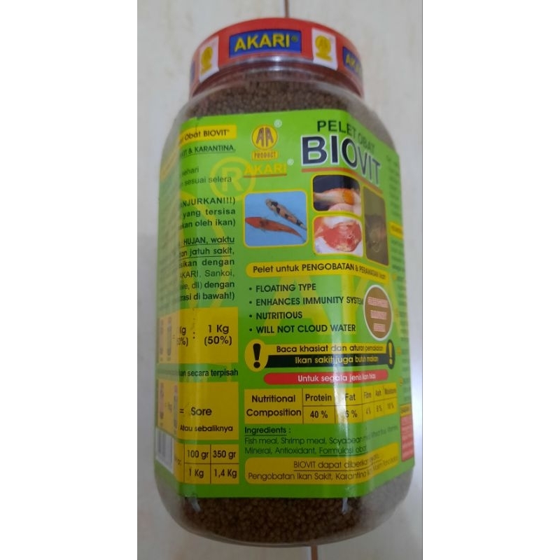 pelet obat ikan BIOVIT akari 1 mm 350 gram ( floating ) ( toples ) ( pelet untuk pengobatan dan pera