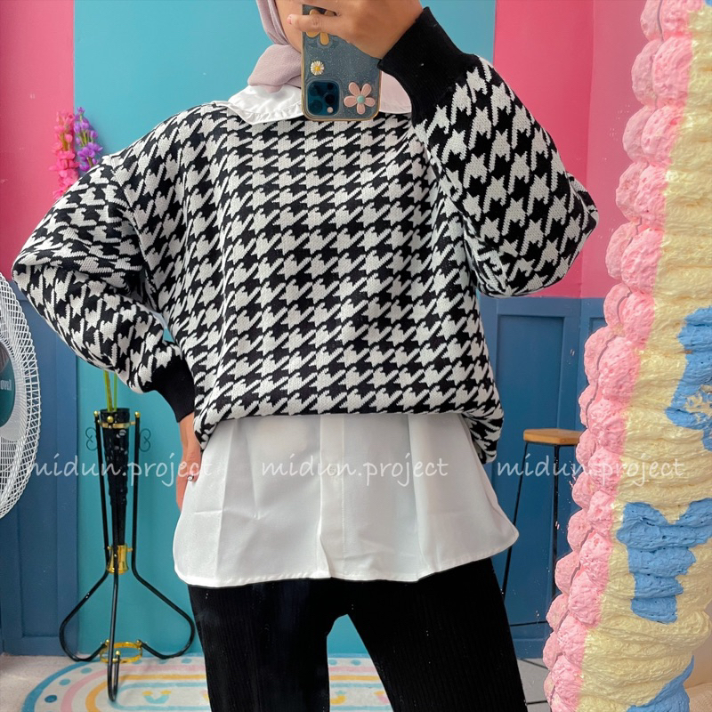 HEIDY HOUNDSTOOTH KNIT | SWEATER RAJUT TEBAL PREMIUM