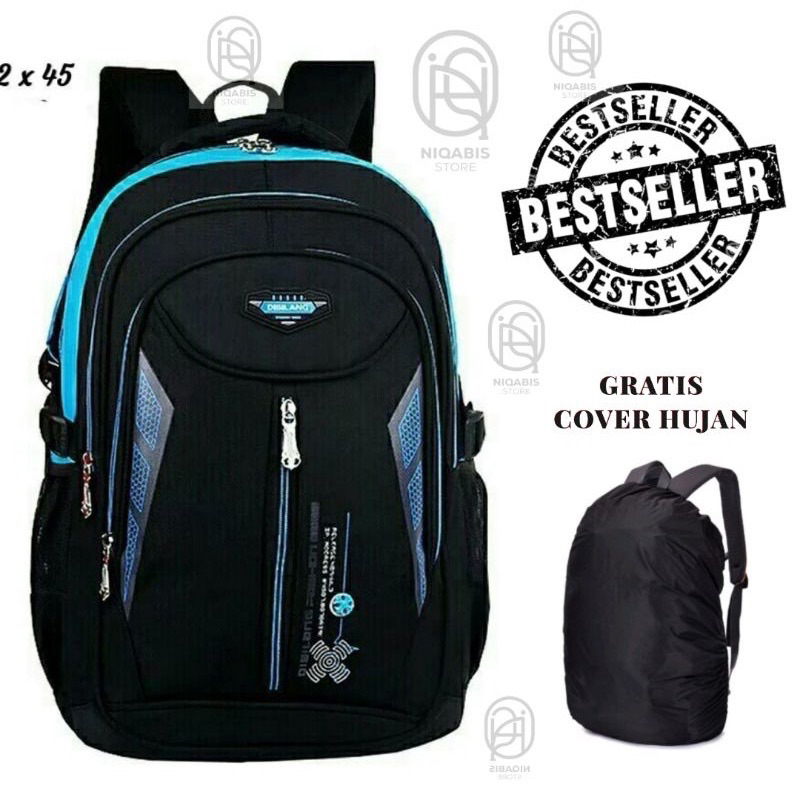 Tas ransel sekolah anak laki laki motif silang gratis cover hujan pipit grosir