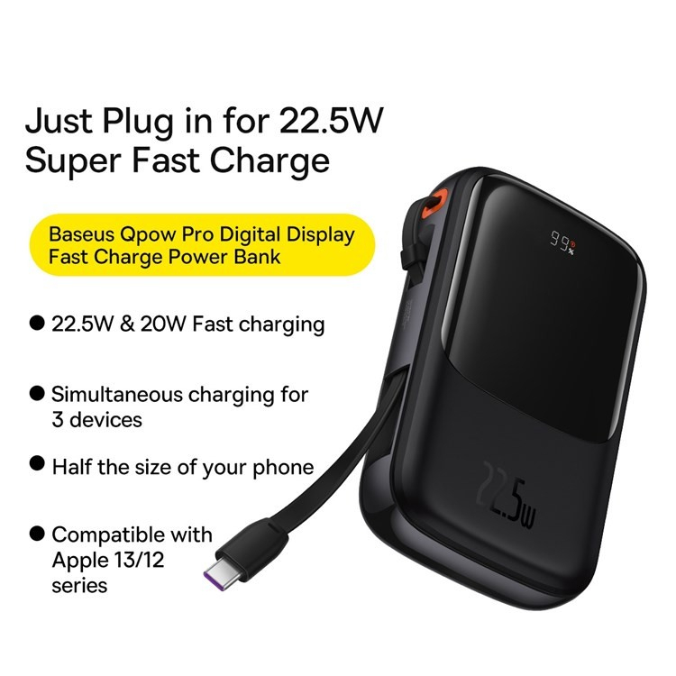 Baseus Original Powerbank QPOW PRO 10000mAh 22.5W with TYPE C Cable Digital Display 3A 5A Fast Charging PD Quick Charge Portable Power Bank 1000 mAh