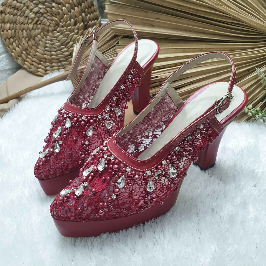 sepatu wedding pesta cantik Kartika merah maroon hak 10cm