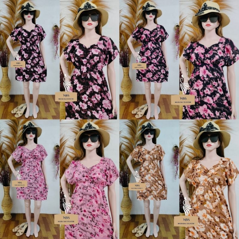 Dress Kerut Zhara, Dress Korea, Mini Dress,Dress Bali Kekinian, Dress Bunga V-Neck