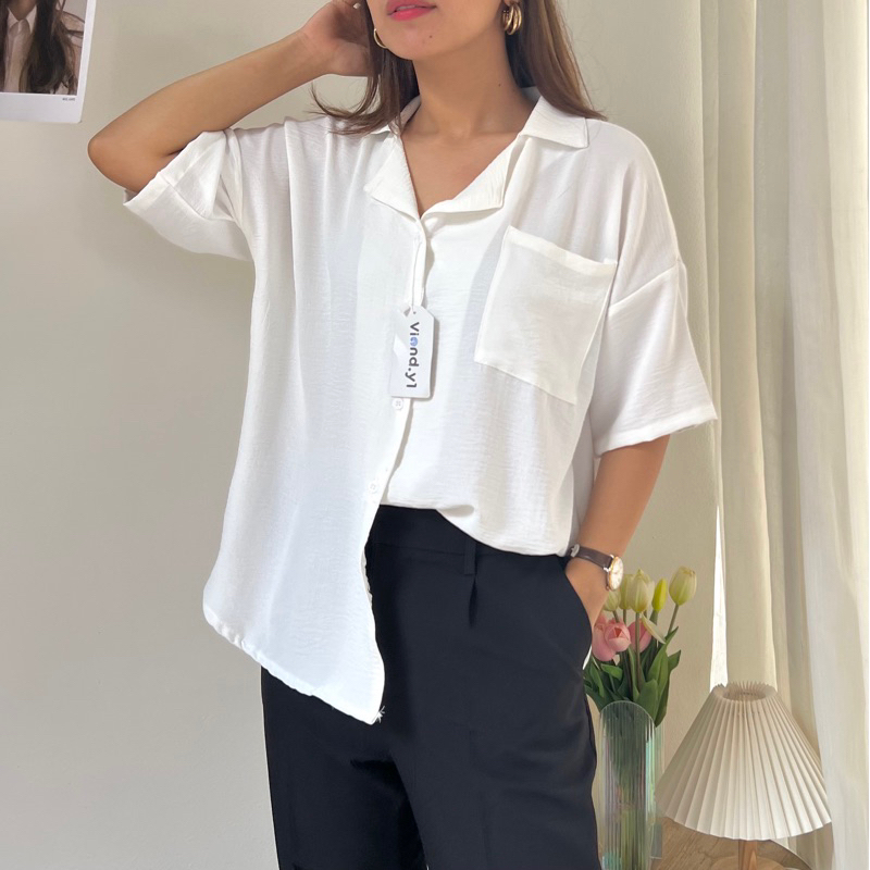 Blouse Lengan Pendek Atasan Wanita Kantong Korea / Kemeja Pocket Cewek Terbaru Bahan Kringkel 141