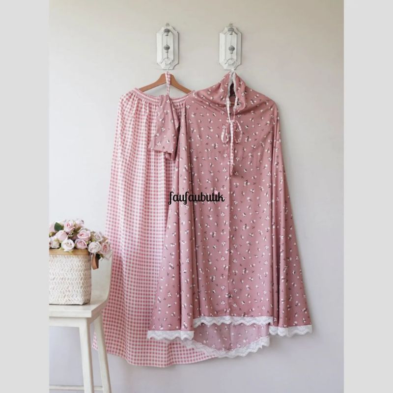 Mukena Rayon FaufauHijab 2in1 Bunga Kecil Rok Kotak Dusty Pink