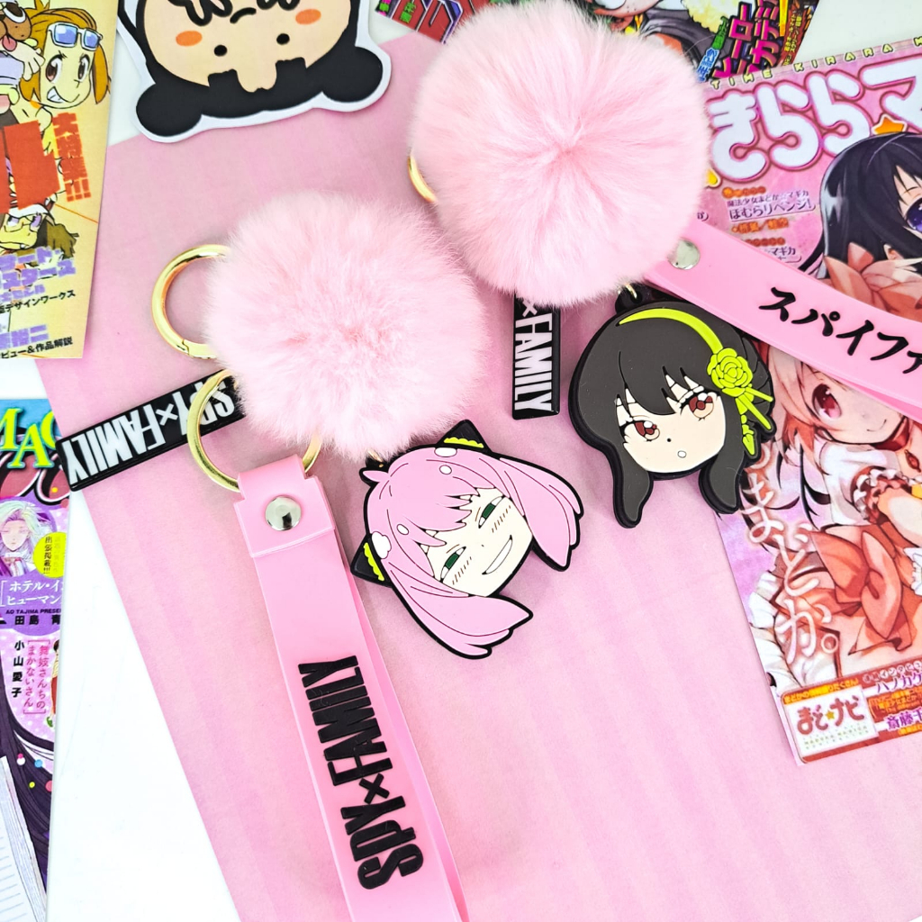 Keychain Rubber Spy X Family Gantungan Kunci Lanyard + Pompom Keyring Anime Anya Yor Forgers