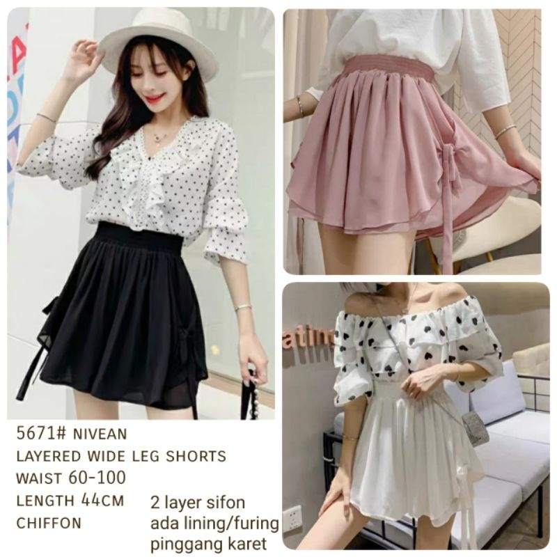 MDLV ~ 5671# Nivean Layered Wide Leg Shorts Celana Rok Korea Import