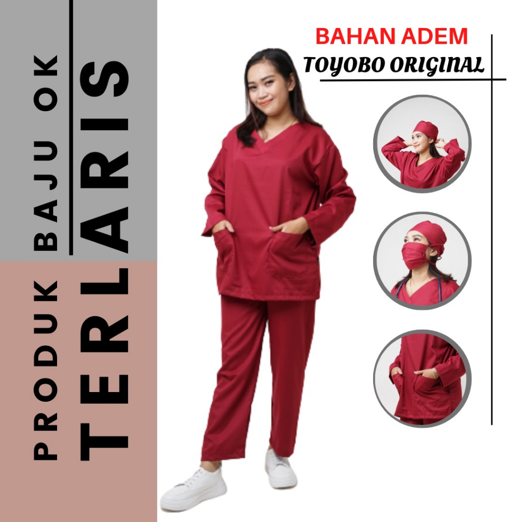 Baju OK Toyobo/Baju Jaga Medis/Baju OK Lengan Panjang/Scrub Perawat/Warna Maroon