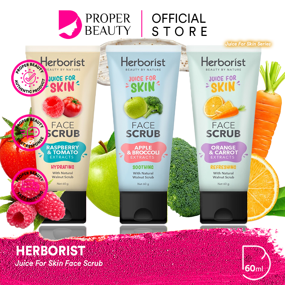 HERBORIST Juice For Skin Face Scrub Indonesia / Pembersih Wajah 60g / Refreshing With Natural Walnut / Brightening Soothing Hydrating / Orange Apple Raspberry Extracts / Peeling Exfoliasi Skincare Facial Care Muka Body Serum Exfoliating Gel Mineral Lotion