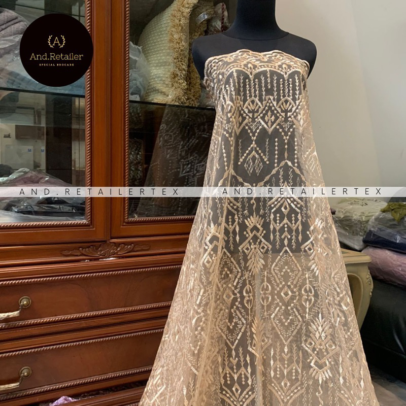Bahan Kain Kebaya Brokat Tile Bordir Etnic Madeline Warna Gold/Golden Brown