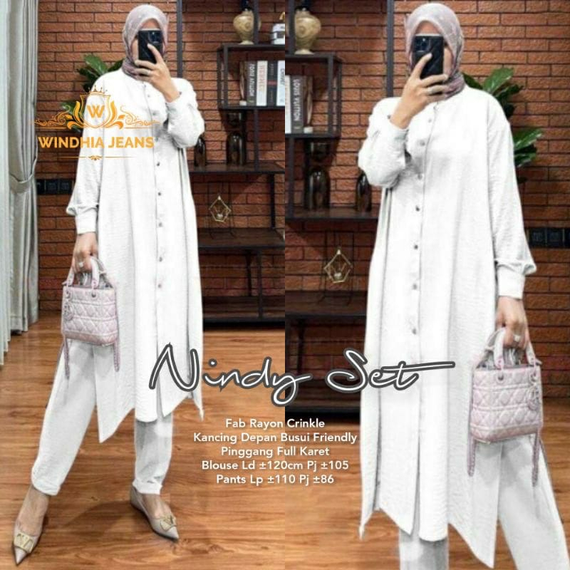 SETELAN CRINKLE AIRFLOW PREMIUM / SETELAN WANITA LONG TUNIK AKSEN KANCING DEPAN VARISI BELAKANG (BANYAK SIZE M. L. XL. XXL)