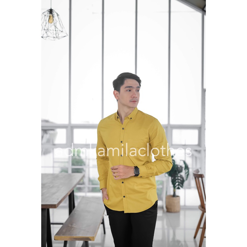 Kemeja pria cowok polos slimfit kasual basic HeM lengan panjang lemon lime