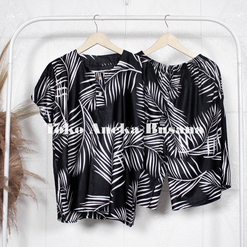 Setelan Baju Tidur Piyama Pendek Rayon 3/4 Motif Daun