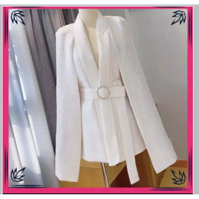white tweed tag blazer cape+belt