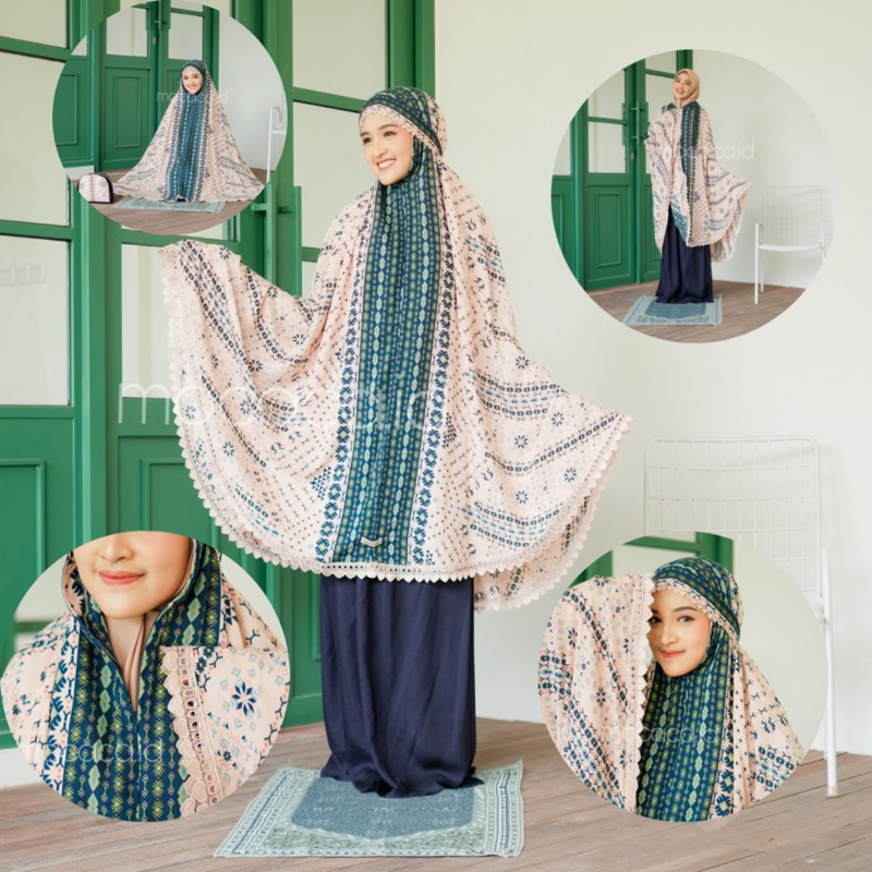 Mukena Dewasa Jumbo 3 in 1 seri navy cream Tali Lebar Renda cantik cocok untuk kado gratis tas travelling pouch cantik bisa gosend bandung bahan super adem halus ringan tidak menerawang
