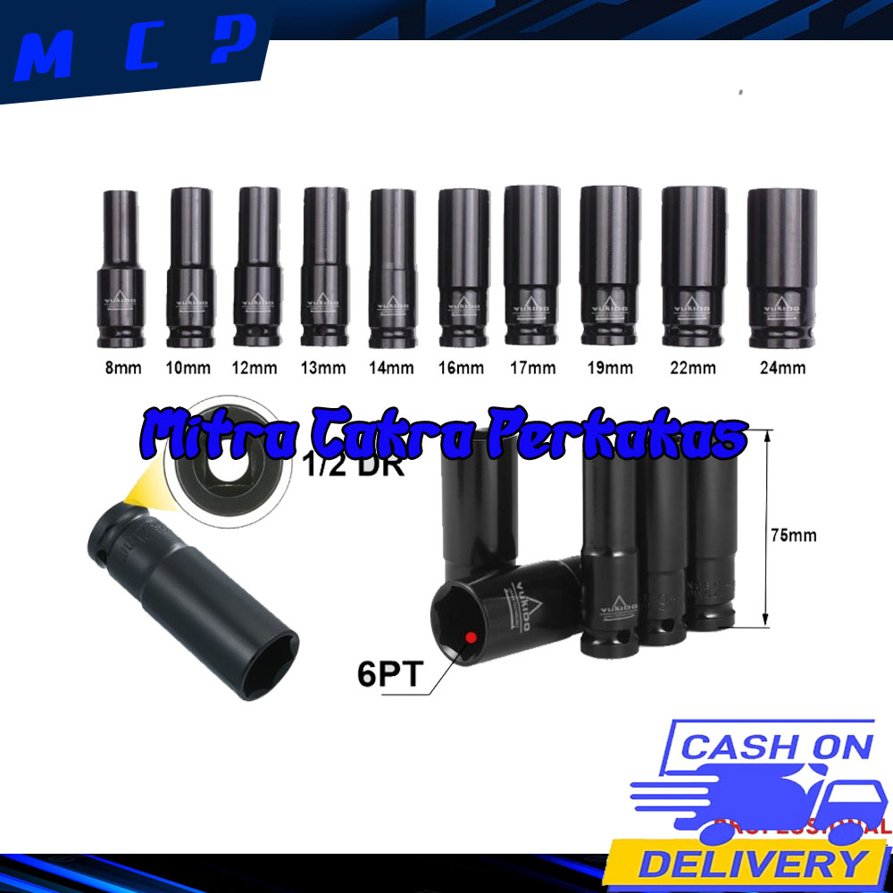 Promo Yukido Mata Socket Extention Impact Socket 10 pcs 1/2 Inch Impact Socket Panjang 8mm - 24mm