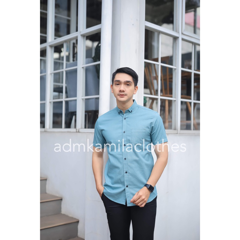 Kemeja pria cowok polos slimfit kasual basic HeM lengan pendek biru mint