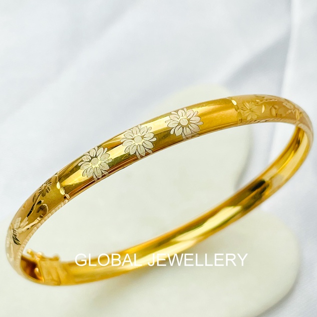 GELANG BANGKOK BAGEL DEWASA UKIR BUNGA LASER GOLD PERAK ASLI S925 DIAMETER 6 CM GLOBAL JEWELLERY CN064