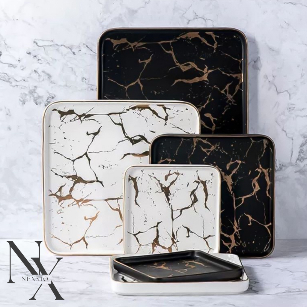 NEXXIO Crackle Plate Kotak ceper/piring Marbel / Piring makan Marbel / Piring Saji Mewah / Piring Saji Marble Gold