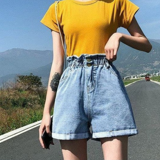 HOPYLOVY - Hot Pants Jeans Wanita Hotpants High Waist Celana Pendek Meliska Pinggang Karet Double Button