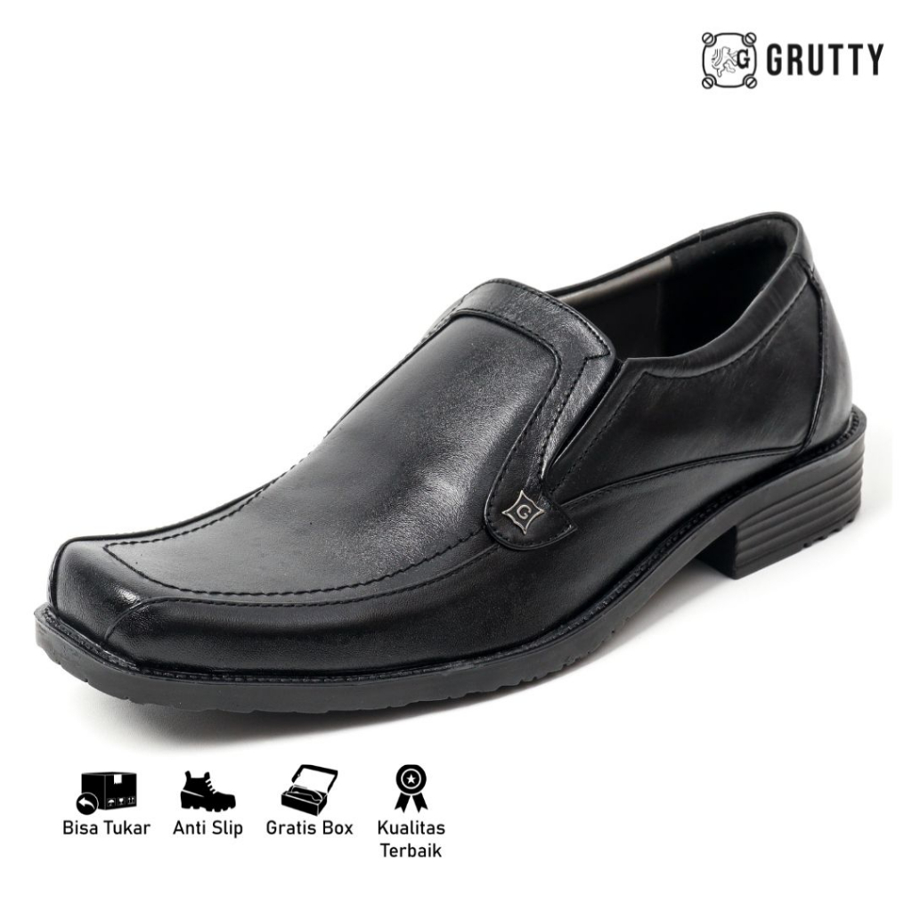 Sepatu Pria Formal Pantofel Kerja Tanpa Tali Kulit Asli  Grutty DC004 Hitam