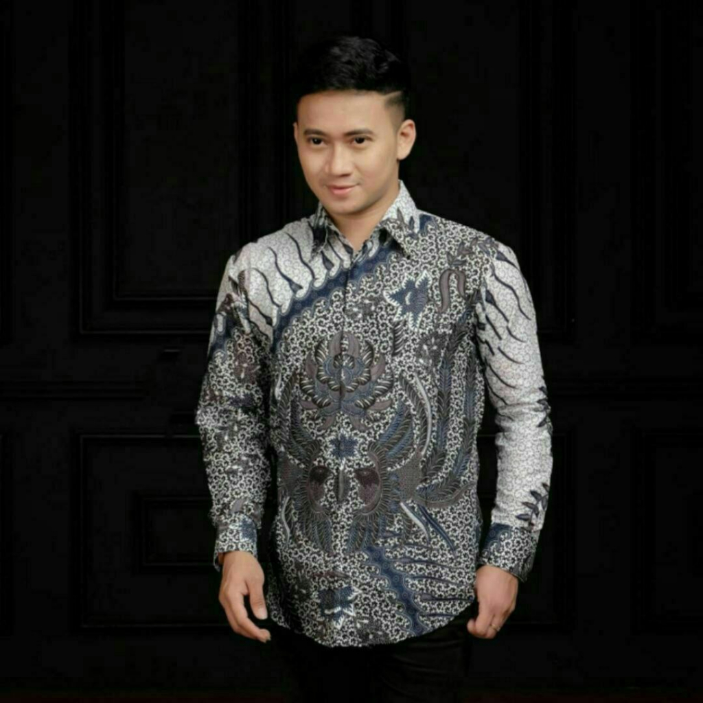 Kemeja batik pria lengan panjang motif slempang abu