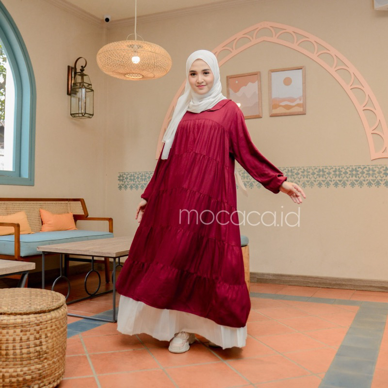 Midi Dress 5 Susun Busui Kerah Collar - merah maroon marun hati