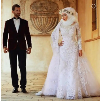 Desain Baru Lengan Panjang Renda Applique Muslim Putih Mewah Hijab Putri Duyung Pengantin Gaun Penga