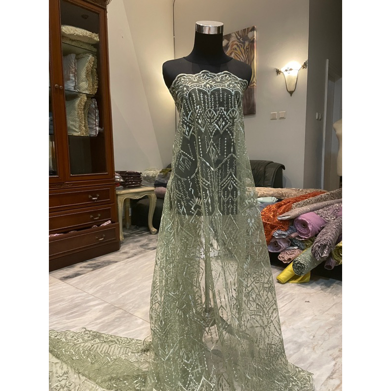 Kain Bahan Kebaya Gaun Pengantin Brokat Brukat Tile Bordir Etnik Madeline Warna Hijau Sage Green