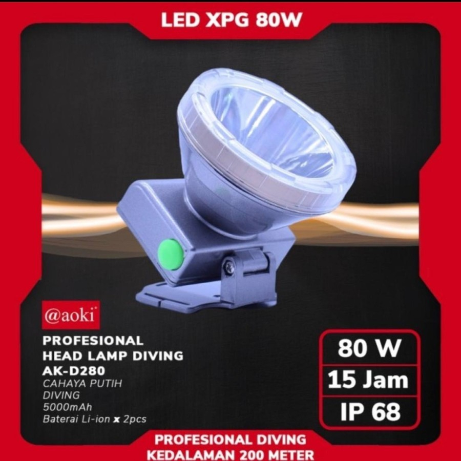 Senter kepala selam / Diving Aoki Ak D 280 80 Watt Cahaya Putih// AK D280