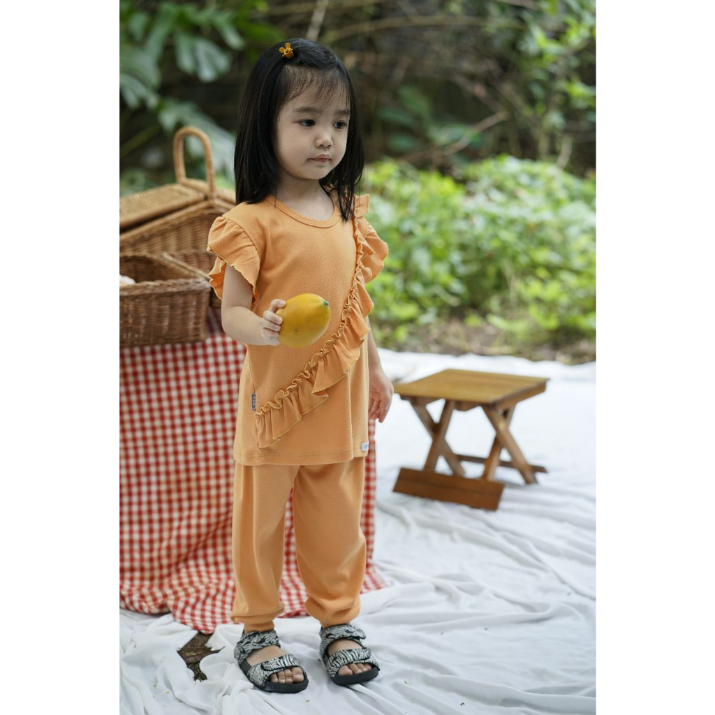 Aruchi Ruffle Pajama 3M-4Y Setelan Kombinasi Cotton Ruffle Series Baju Pendek Celana Panjang Renda Aruchi CBKS