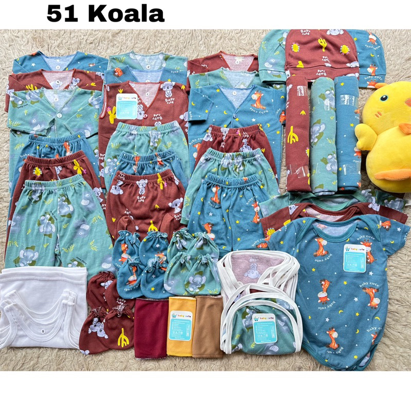 51pcs Paket Komplit Perlengkapan Baju bayi celana popok bedong romper gurita singlet sarung tangan topi baru Lahir Seri koala Promo 8.8