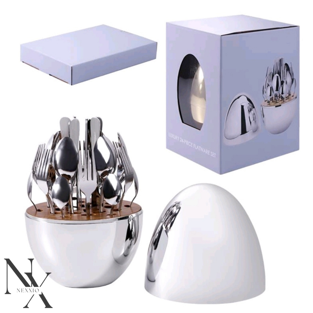 NEXXIO Egg Spoon Gold / sendok emas telor / Sendok Sultan Gold / cutlery set / Peralatan Makan Gold Silver /sendok gold / Sendok makan pakai tutup / sendok emas viral / telor emas