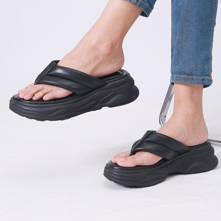 SARASARA YUK - NARITA Sandal Wanita Wedges Jepit Tinggi 5cm Size 36 - 40 Casual Sendal Cewek Platform 37 38 39 untuk Jalan Pergi Santai Japit Warna Black Hitam Putih White Premium Original Sara Sara Kekinian Terbaru Shoes ORI Mall Official Store