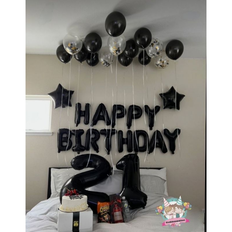 WINDBLOWN BALON SET HBD BIRTHDAY BLACK THEME FOR BOY / SURPRISE ULTAH PACAR COWO SUAMI DI KAMAR
