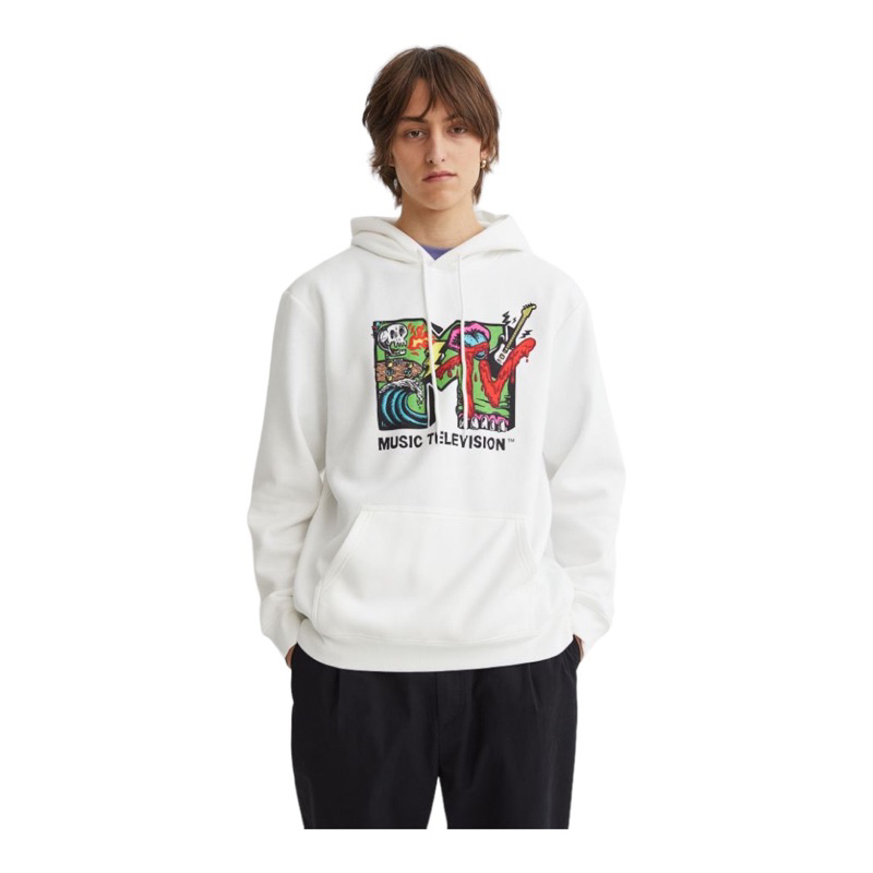 ( 8.8 ) Hoodie H&amp;M Unisex Sablon MTV White Putih, Flecee Katun Lembut Tebal, Free Papperbag